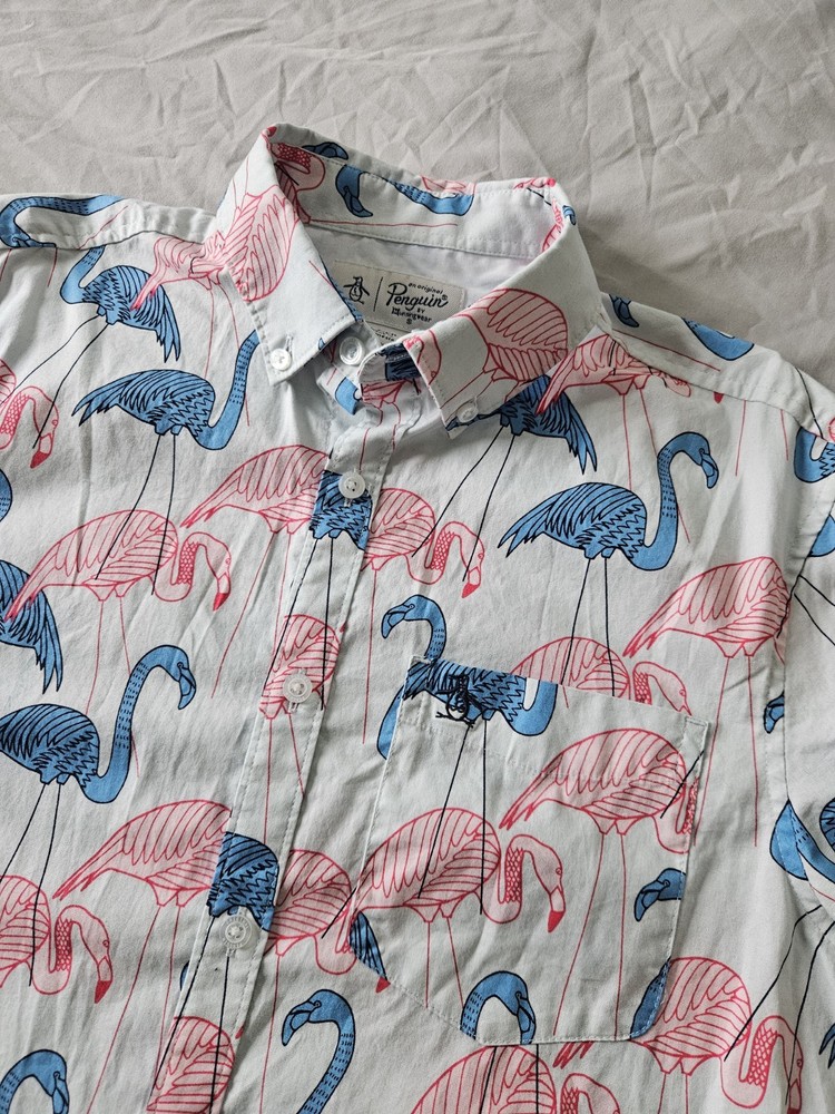 Original Penguin Stretch Button-Down Shirt Men’s Small All Over Print Flamingos