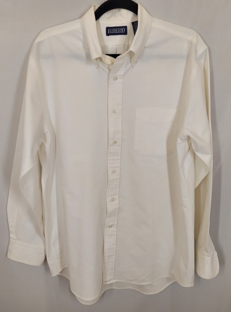 Lands End men L/s button up.Regular standard ivory 16 34 Cotton Poly Mm7