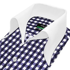 High Open Bow Collar Buttonless Navy Blue Gingham Checks Formal Event Mens Shirt