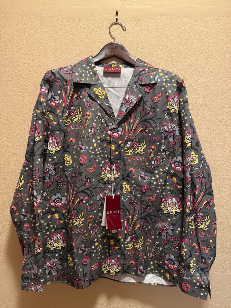 New Authentic Gucci GG Logo Button Up Floral Shirt Gray Size IT 50 / US L