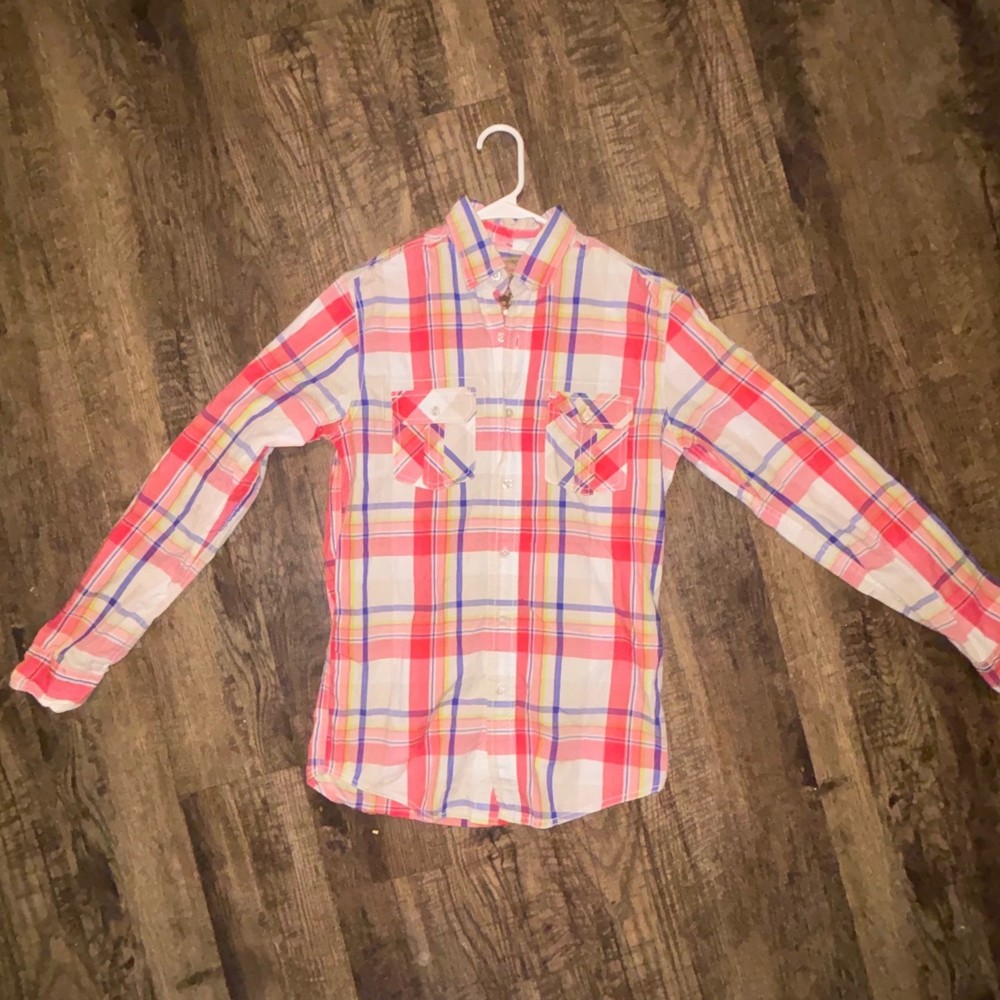 Red Camel Mens Small Plaid Button Down Shirt Long Sleeve Pink Blue Multi Color