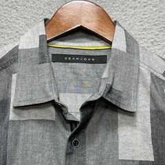 SEAN JOHN Mens Large Gray Geometric Button Shirt Long Sleeve Cotton Modern