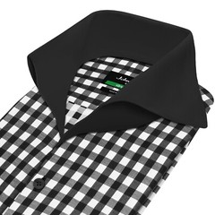 Black White Gingham Checks High Open Extreme Cutaway Collar Buttonless Men Shirt