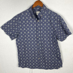 ROWM Men’s Short Sleeve Button Down Shirt Palm Print Blue Size L 42 chest 28 Len