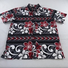 Kau Kauwa Men’s Sz Lg Hawaiian Style Shirt Red & Black Floral, 100% Cotton, GUC