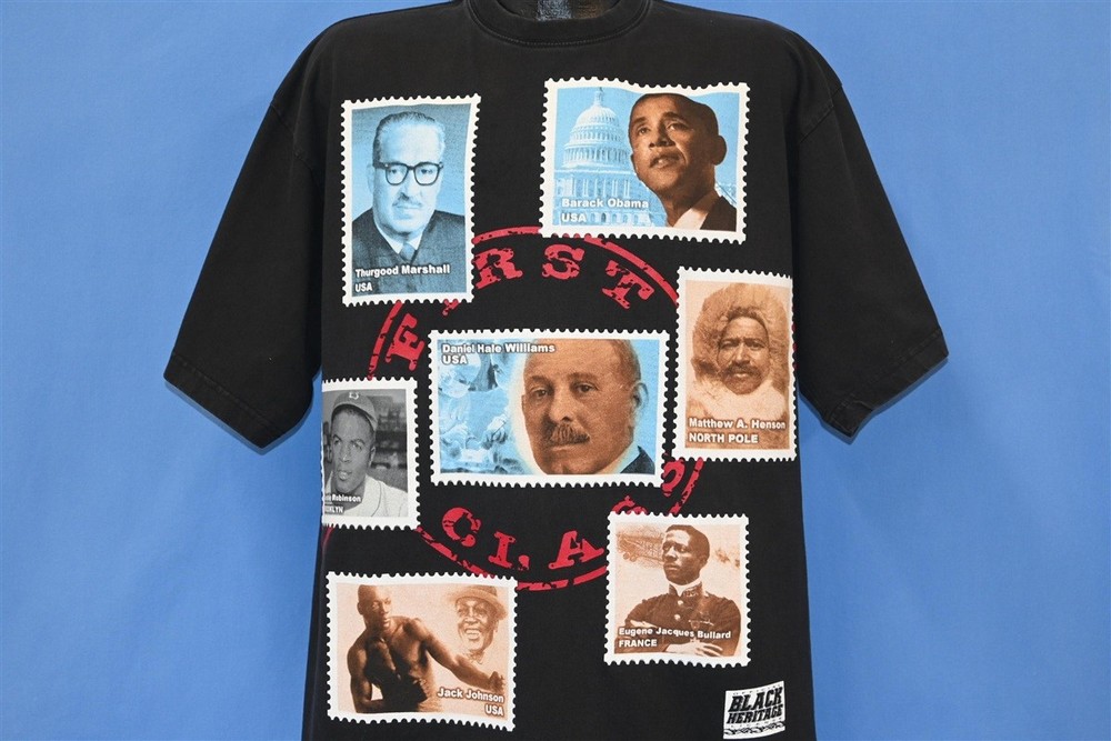 BLACK HERITAGE FIRST CLASS HISTORY USPS POSTAGE STAMPS BIG PRINT t-shirt XL