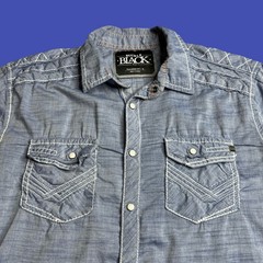 Buckle Black Chambray Pearl Snap Western Shirt Men’s Medium Tailored Fit Blue
