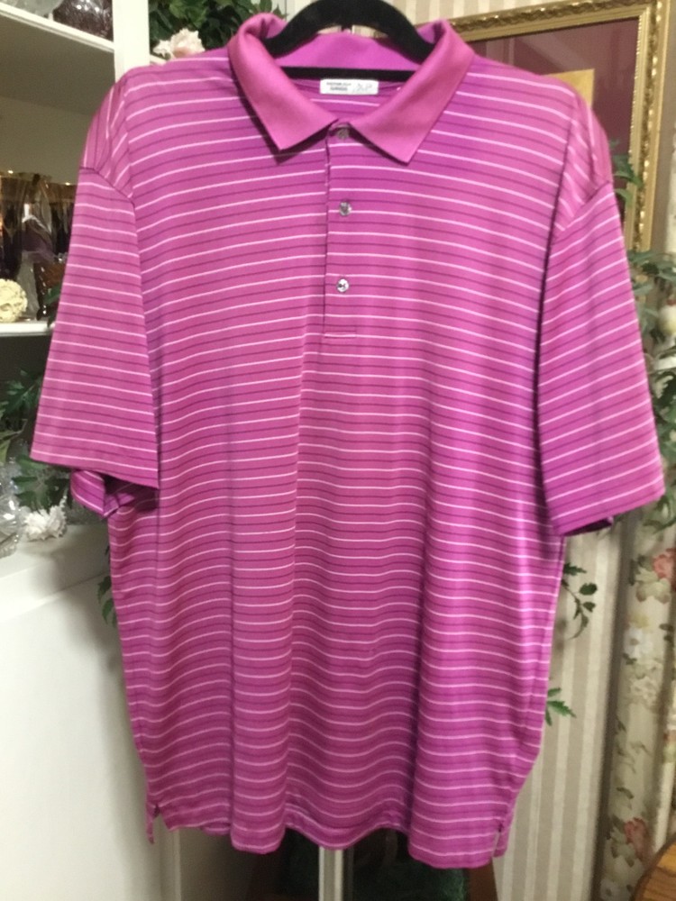 Men’s Handsome Bermuda Sands Raspberry Pink Stripe Cool Summer Polo Golf Shirt L