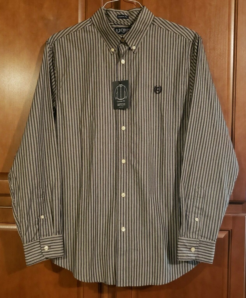 Chaps Custom Fit Long Sleeve Button-down black white striped Mens Shirt New NWT