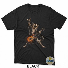 Funny Cat Playing Guitar T-Shirt Cat Guitarist Rock And Roll Unisex Black Tee
