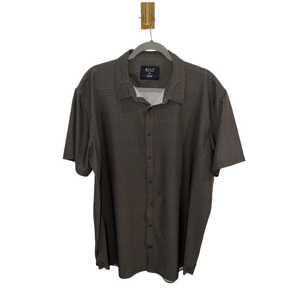 BYLT Minimalist Button Down Shirt Executive Stretch Geometric Olive Green 2XL