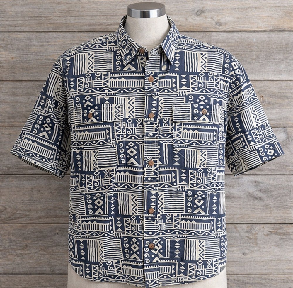 Vintage Orvis tribal pattern button-front short sleeve Hawaiian shirt size LARGE