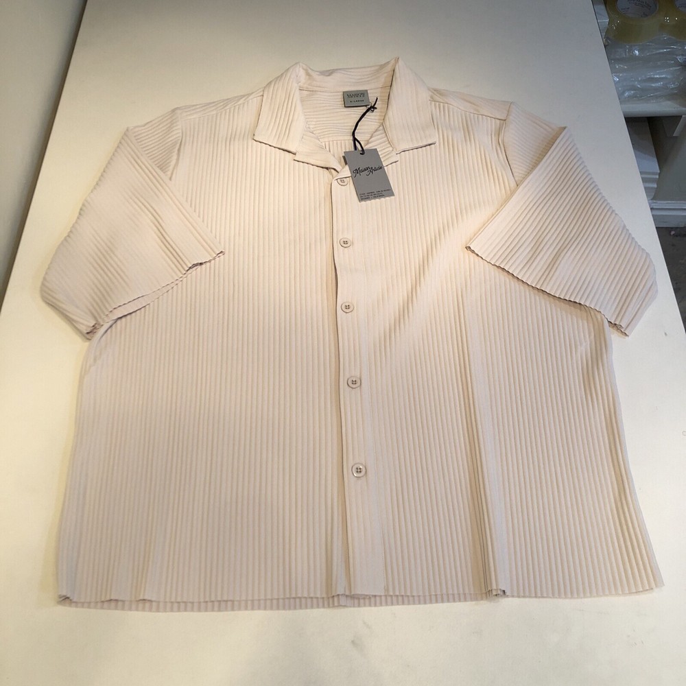 Maison Article Men’s Pleated Button Up Short Sleeve T-Shirt Beige S
