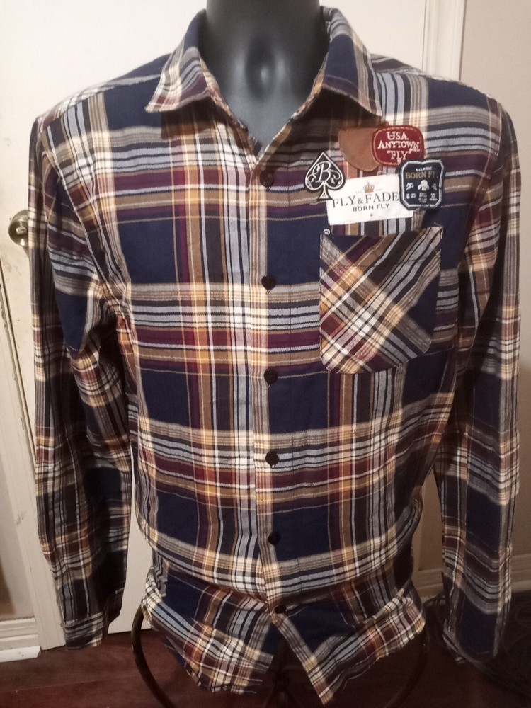BORN FLY men Large L Button-Down Graphic Shirt front button pockets long sleeve