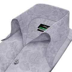 High Open Bow Collar Buttonless Gray Jacquard Paisley Mens Cocktail Events Shirt