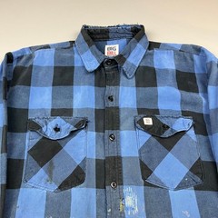 Big Bill Flannel Shirt Mens XL Blue Black Buffalo Plaid Distressed Workwear USA