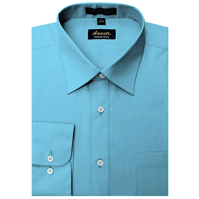 Mens Dress Shirt Plain Turquoise Modern Fit Wrinkle-Free Cotton Blend Amanti