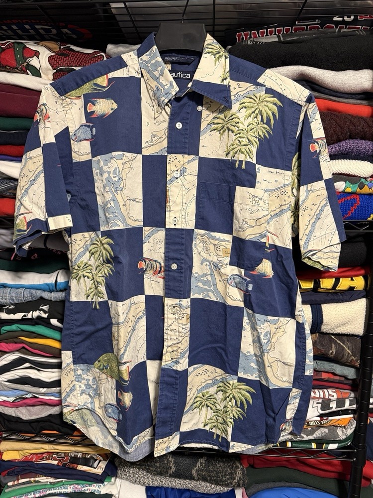 Nautica Tropical Fish Map Button Down SS Oversized Shirt Palm Trees Men’s Medium