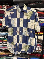 Nautica Tropical Fish Map Button Down SS Oversized Shirt Palm Trees Men’s Medium