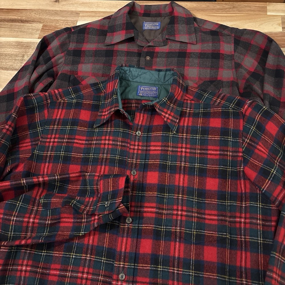 2 Vtg Pendleton Button Down Flannel Size L 100% Virgin Wool Made In USA Holes