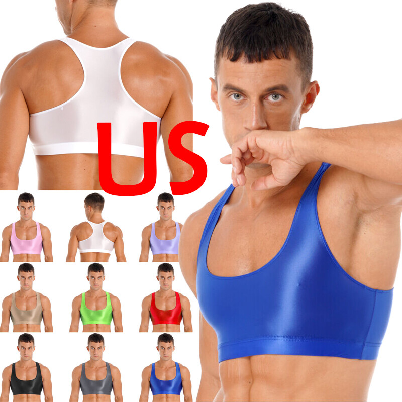 US Men’s Glossy U Neck Tank Tops Solid Sleeveless Crop Top Sports Fitness Vest