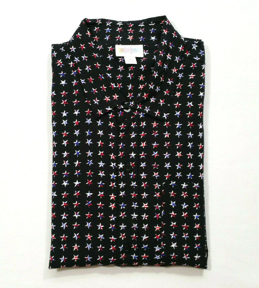 LuLaRoe Men Medium Michael Button Shirt Black Red White Blue Stars 4th of July