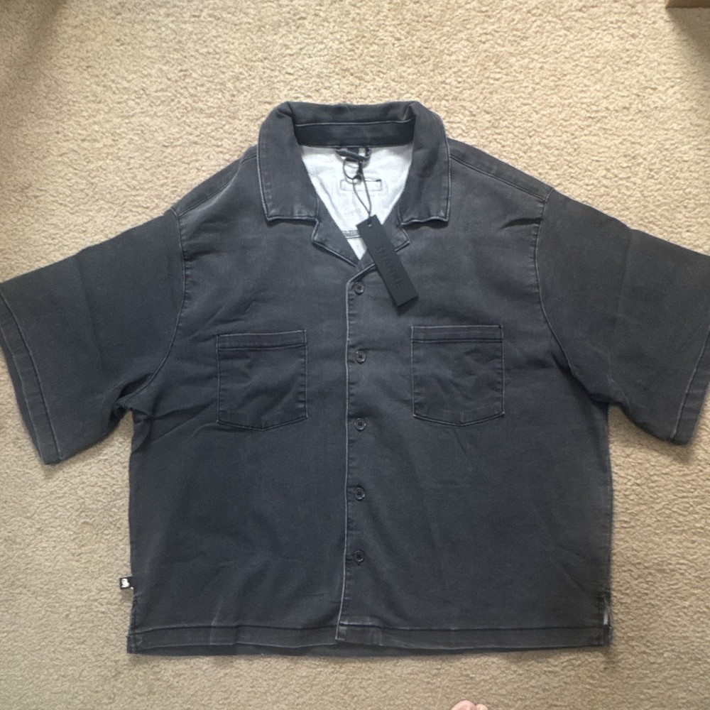 ANANKE Men’s Black Solid Collared Short Sleeve Button-Up Shirt w/ Pockets XL