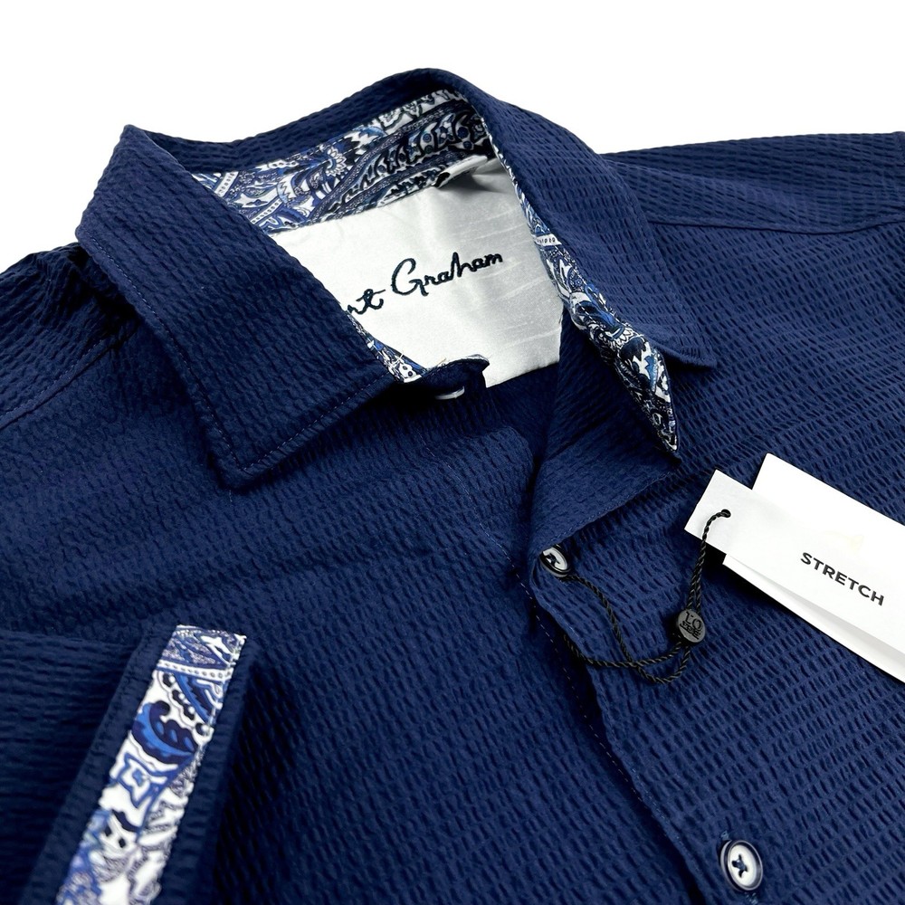 Robert Graham Solid Paisley Short Sleeve Seersucker Stretch Sport Shirt 3XL
