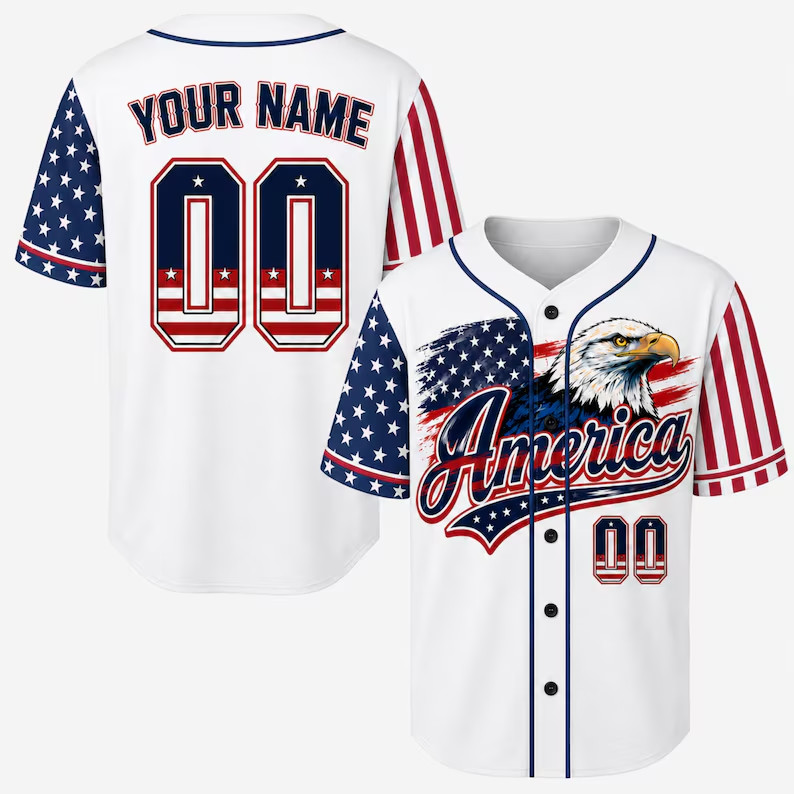 Personalized Bald Eagle America Baseball Jersey Patriotic Flag Shirt Custom Name