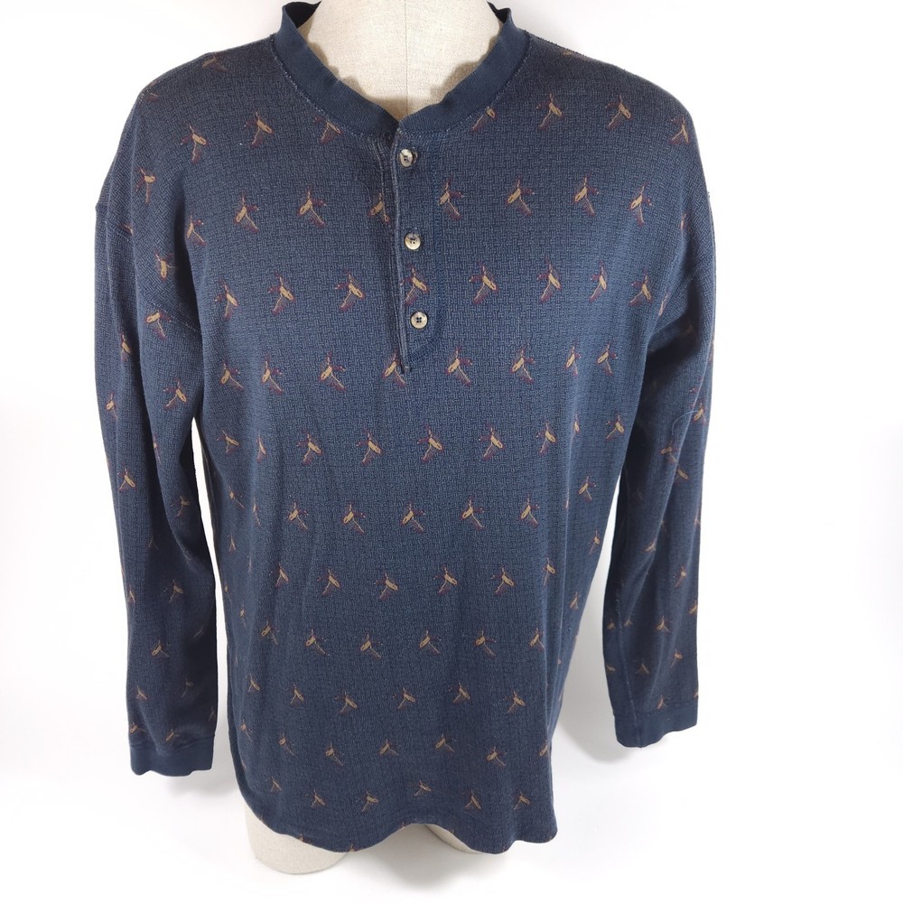 Vtg Eddie Bauer Duck Print Button Pullover Long Sleeve Shirt Size L Made In USA