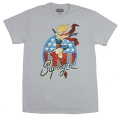 Supergirl Mens T-Shirt – Pin-Up Style Posed Over Flag Circle