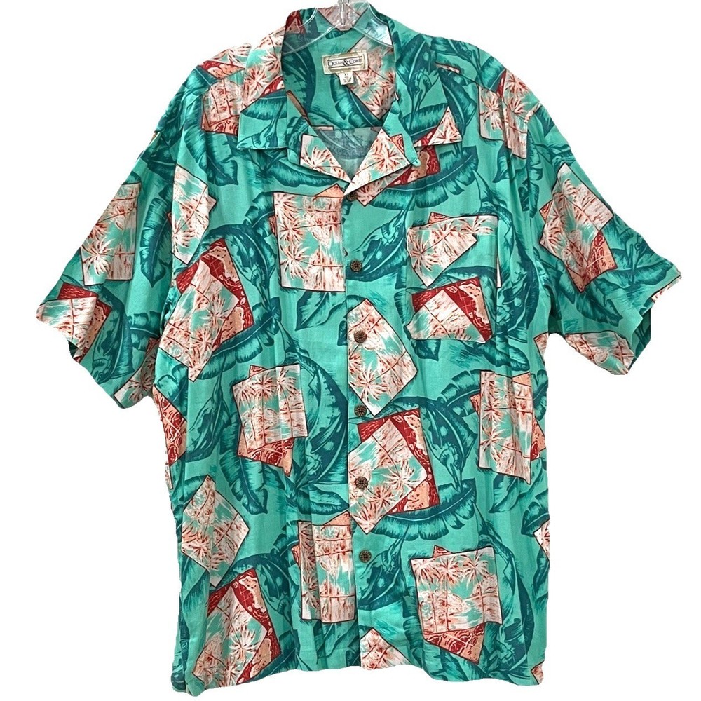 Ocean & Coast Men’s Hawaiian Shirt XL Green Button-Up S/Sleeve Marlin Palm Tree