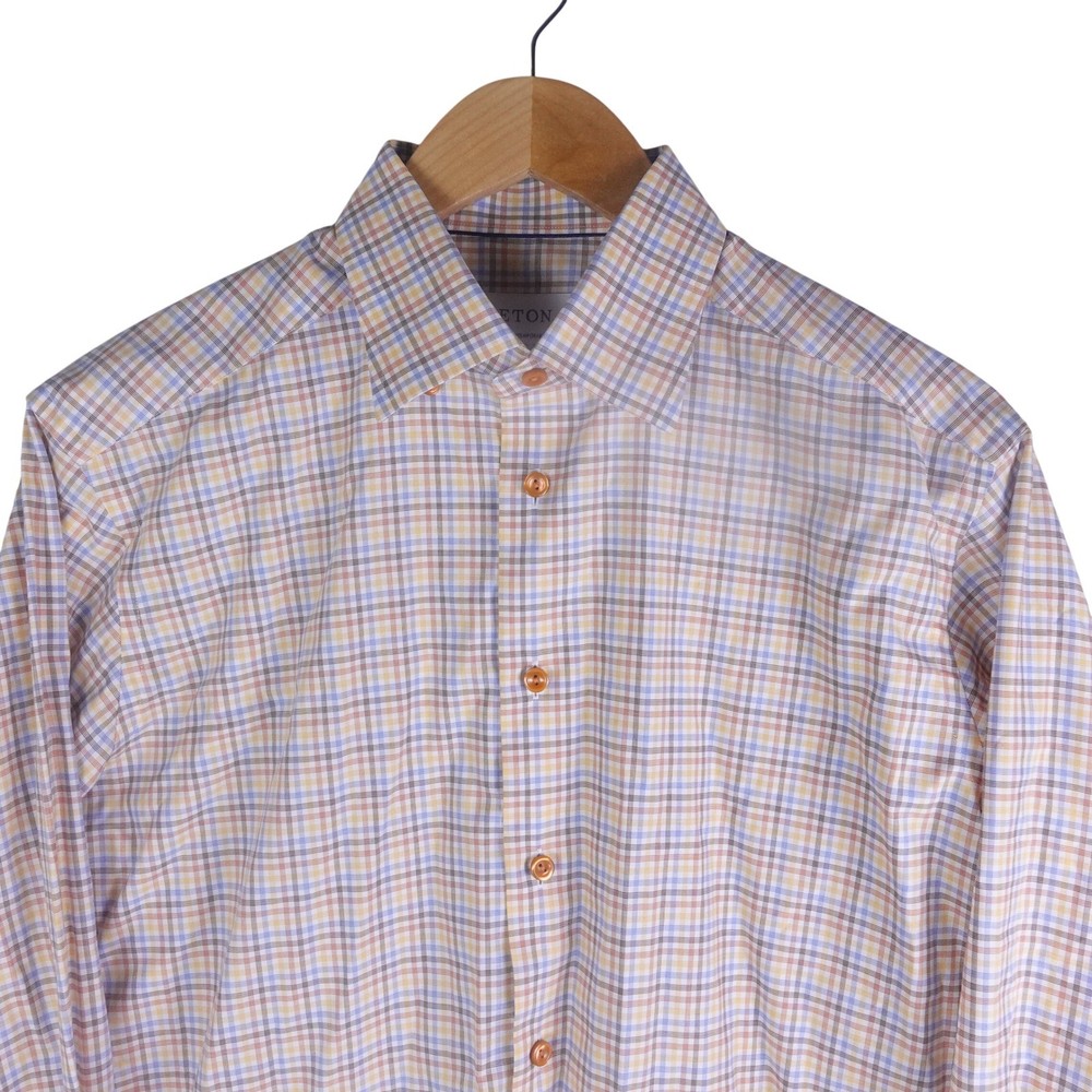 Eton Mens Contemporary Fit Plaid Button Down Shirt Orange Blue 16/41
