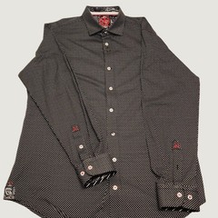 Au Noir Luxury Shirt Mens 1X XL Black Polka Dot Cotton Dress Button Up Designer