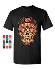 Day of The Dead Sugar Skull T-Shirt Gold Calavera Dia de Muertos Mens Tee Shirt