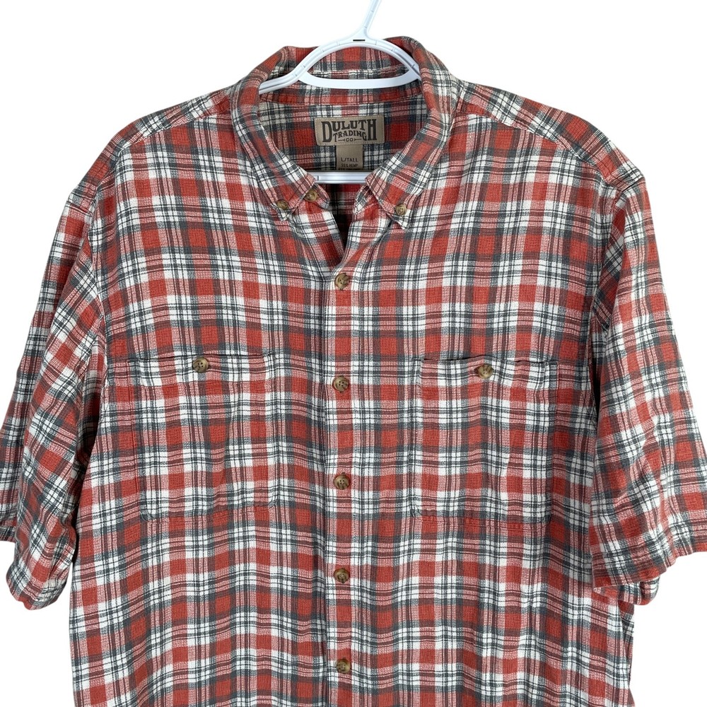 Duluth Hemp Short Sleeve Shirt Button Down Mens L Tall Red Plaid Pockets