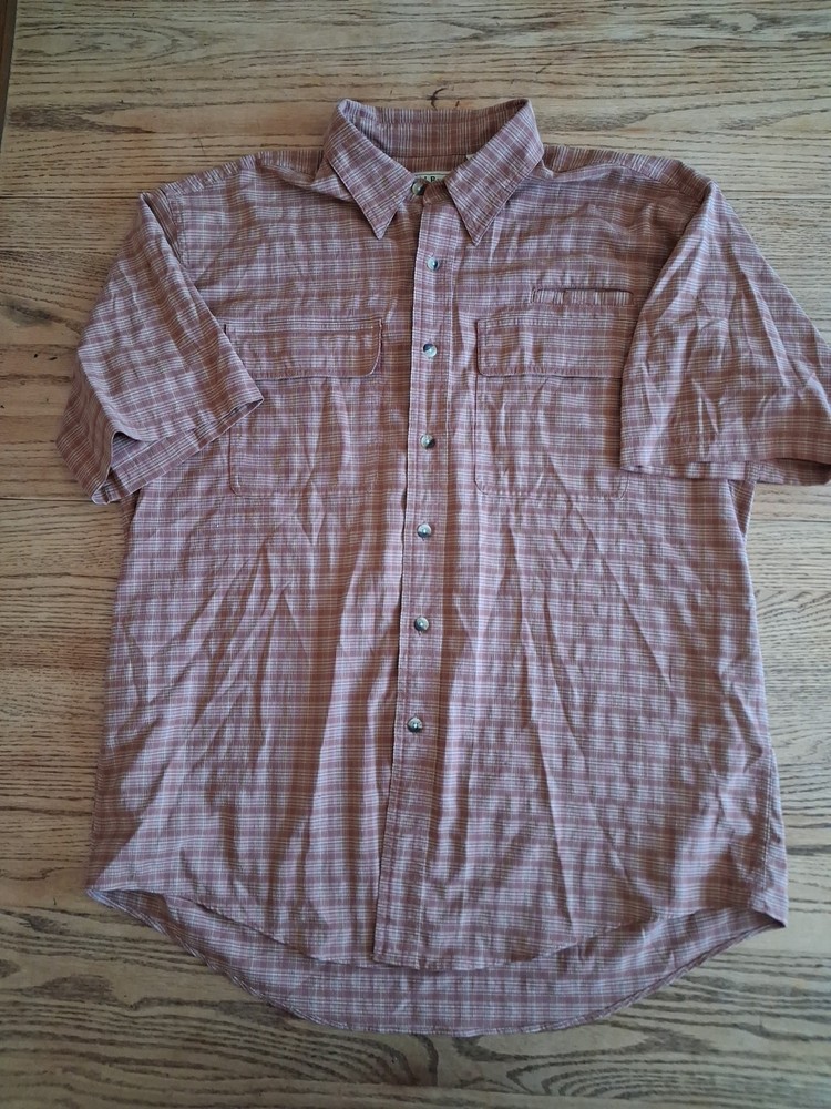 Vtg LL Bean Coolmax Plaid Button Down Short Sleeve Shirt Salmon Mens Sz Large