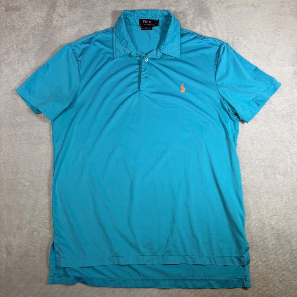 Polo Ralph Lauren Performance Mens Large Turquoise Blue Orange Pony Polo Shirt