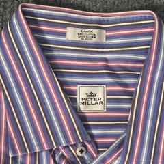 Peter Millar Cotton Navy Red White Vertical Stripe Button Down Size Large Cotton