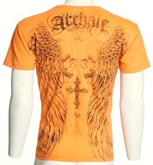 ARCHAIC by AFFLICTION Orange Black BLASTER Short Sleeve Slim Fit Y2K T-shirt NWT