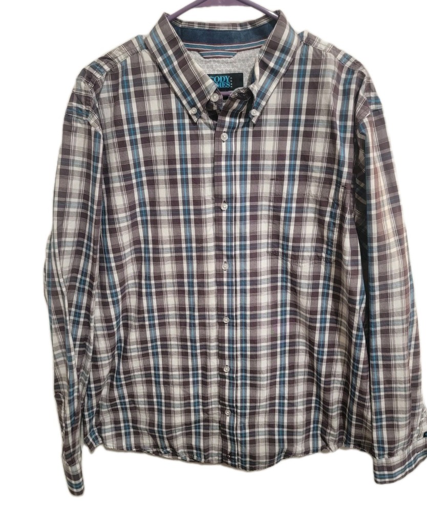 Cody James Core Men’s Large Plaid Button Down Shirt Plum Purple White Blue