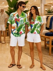 Tropical Summer Button Shirt | Botanical Birds Print, Unisex Vacation
