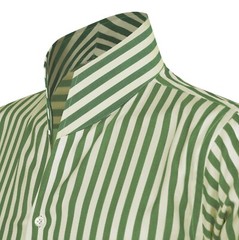 High Open Buttonless V Neck Stand Collar Green Cream Stripes Cotton Men’s Shirt