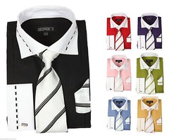Men’s High Quality Fashion Dress Shirt With Tie And Hanky French Cuff AH621