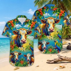 Cow Hawaiian Shirt Men Green Bamboo Tropical Floral Aloha Shirt#10