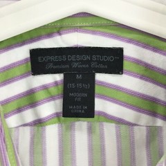 Express Design Studio Mens Medium Button Up Shirt Green Pink Stripe Long Sleeve