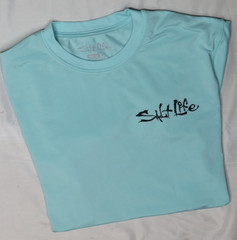 SALT LIFE SLX MENS S TEE SHIRT AQUA BLUE SS STRETCH T-SHIRT UVAPOR TUNA FISHING