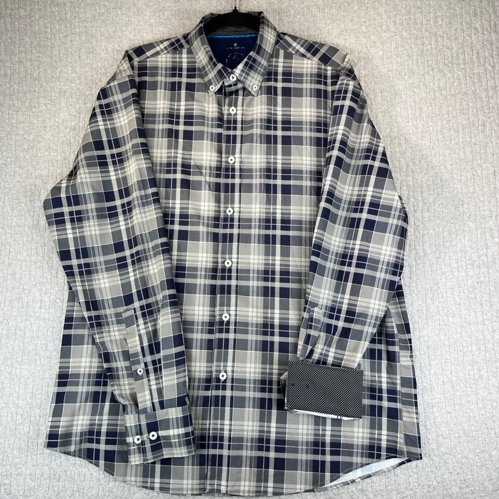 Construct Slim Fit Plaid Button Down Dress Shirt Men L Long Sleeve flip cuff