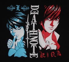 Death Note T-Shirt Duo Split Between Death Note Blue L & Red Kira – Size S – EUC