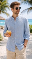Caribbean Men’s Linen Collarless Shirt XL Blue Tab Sleeves Resort Vibe
